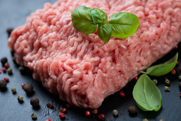 Raw turkey minced meat with spices, close-up, horizontal shot