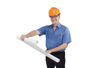 young man in a construction helmet with the project in the hands