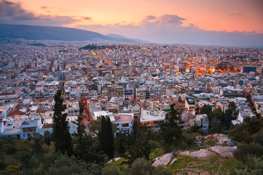 View of Athens from Filopappou Hill in early morning.