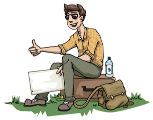 Young male hitchhiking