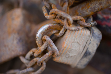 Close up of rusty chain with padlock