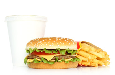 Hamburger, potato free and cola on white background .