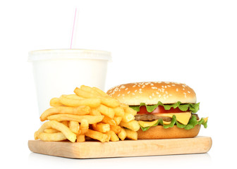 Hamburger, potato free and cola on white background ..