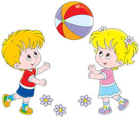 Little girl and boy playing with their big colorful ball