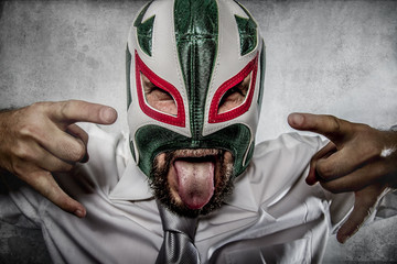 Rock and roll, aggressive executive suit and tie, Mexican wrestl