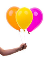 Colorful Balloons held by Female Hand. On White Background - 67095080