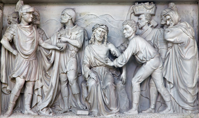 Fototapeta na wymiar Mechelen - Stone relief Jesus for Pilate scene