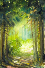 Fototapeta na wymiar Pathway in summer forest.Picture created with watercolors.