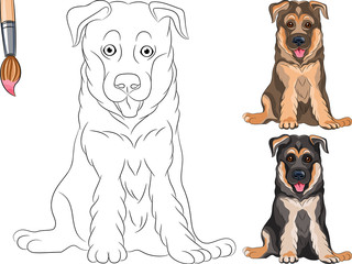 Vector Coloring Book of smiling Puppy dog German shepherd