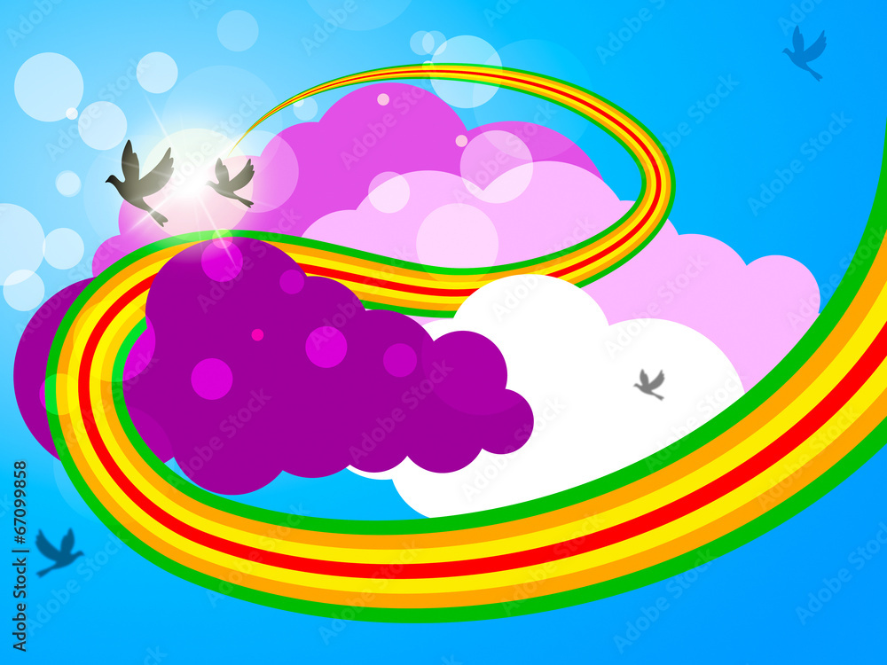 Poster clouds background shows birds in flight and abstract