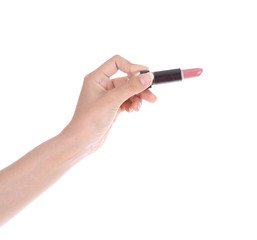 hand with lipstick isolated on white