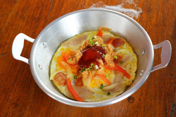 Breakfast with fried eggs pan
