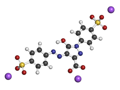 Tartrazine (E102) food dye molecule. Yellow azo dye used in food