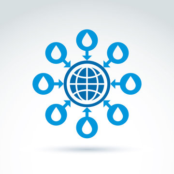 Water system conceptual symbol, blue earth, arrows and circles w