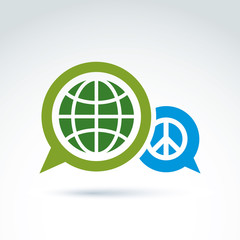 Round antiwar vector icon, green planet and speech bubble with p