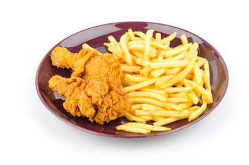 French fries and fried chicken isolated white background