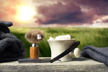 shaving Equipment on wood in Landscape
