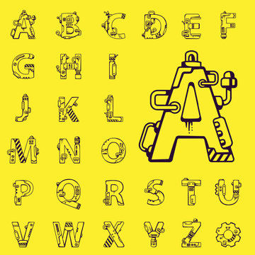 black vector set of letters of the English alphabet mechanical r