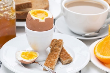 fresh breakfast with eggs, toast and coffee with milk, close-up