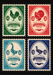 set of vector postage stamps with rooster, turkey, goose, duck