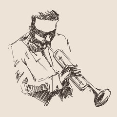 man playing the trumpet, music vintage illustration, sketch