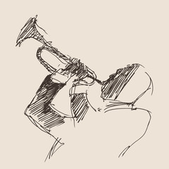 man playing the trumpet, music vintage illustration, sketch