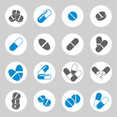 Medical pills icons set, vector collection.