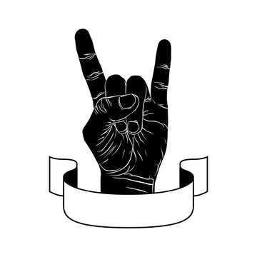 Rock on hand creative sign with ribbon, music emblem, rock n rol