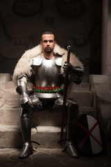 Fototapeta na wymiar Medieval warrior in armor and fur mantle
