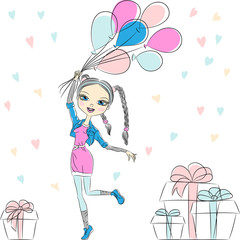 Obraz na płótnie Canvas Vector hipster fashion girl with multi-colored balloons