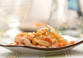 stewed cabbage with chicken, Onion, and carot