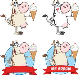 Cow Character Holding A Ice Cream Circle Banners. Collection Set