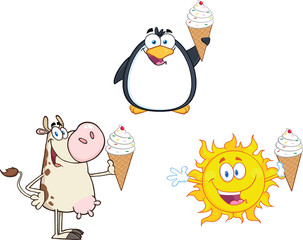 Different Mascots Holding A Ice Cream. Collection Set