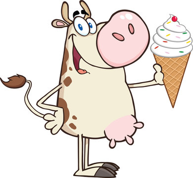 Happy Cow Cartoon Mascot Character Holding A Ice Cream