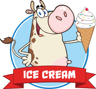 Happy Cow Cartoon Character Holding A Ice Cream Circle Banner