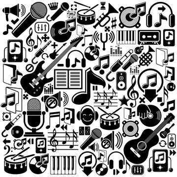 Set of musical elements, vector black isolated musical icons.