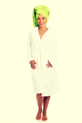 Beautiful spa woman in bathrobe.