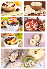 Collage of tasty oatmeal with fruits and berries