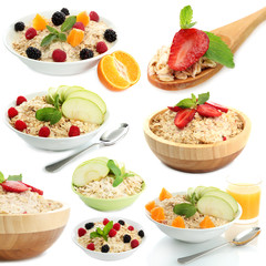 Collage of tasty oatmeal with fruits and berries, isolated