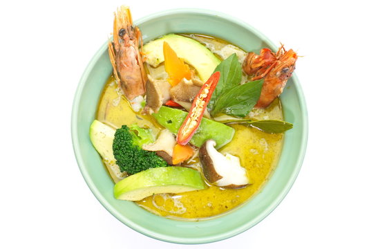 Thai food green curry with shrimp and vegetables