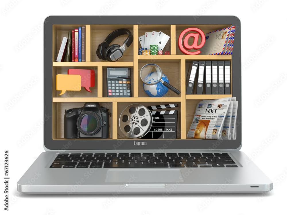 Poster Cloud computing concept. Laptop's software and capabilities.