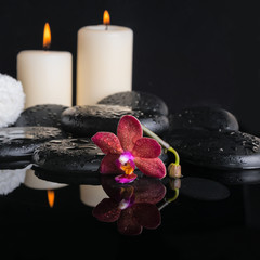 Obraz na płótnie Canvas Beautiful spa concept of zen stones with drops, purple orchid (p
