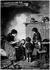 Peasant Family : Mother feeding Children - 19th century