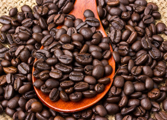 Coffee beans and wood spoon on vintage linen background