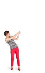 Young lady gesturing with copy space