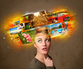 girl with colorful glowing photo memories concept