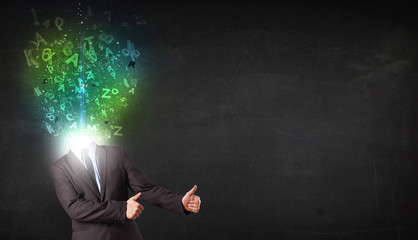 Business man with abstract glowing letters on head