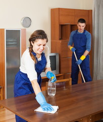 Professional cleaners dusting wooden furiture