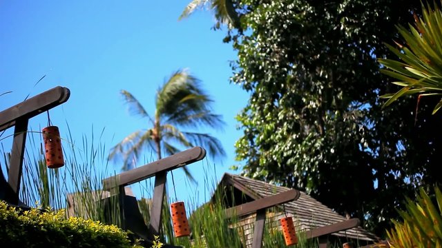 Row of orange Japanese lantern on blue sky, palms