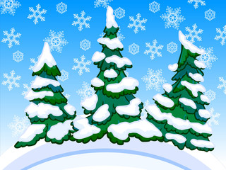 Cartoon image of three snowy conifers with snowflakes